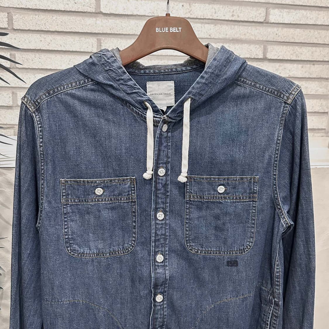 USA VINTAGE 데님 긴팔 셔츠 4포켓 후드 스트링 디테일 중청 상품이미지4