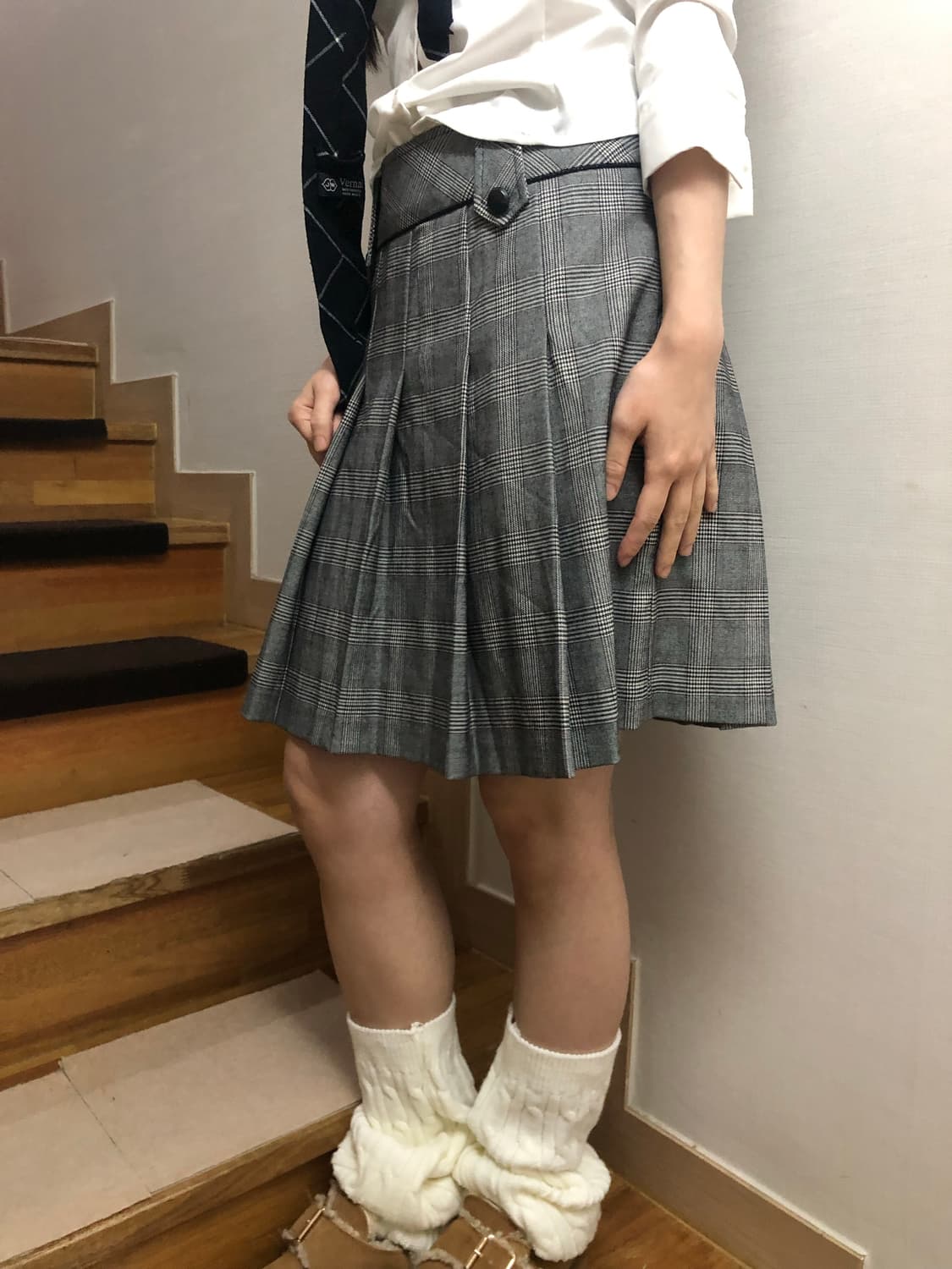 빈티지 그레이 체크 플리츠 미디 스커트 상품이미지9