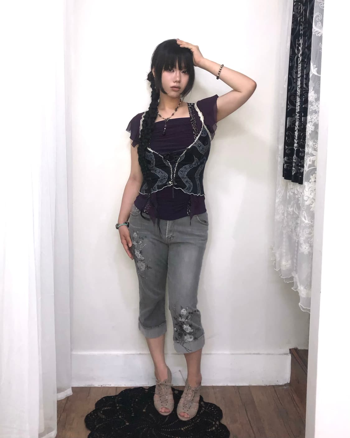 oriental floral embroidery capri pants 상품이미지6