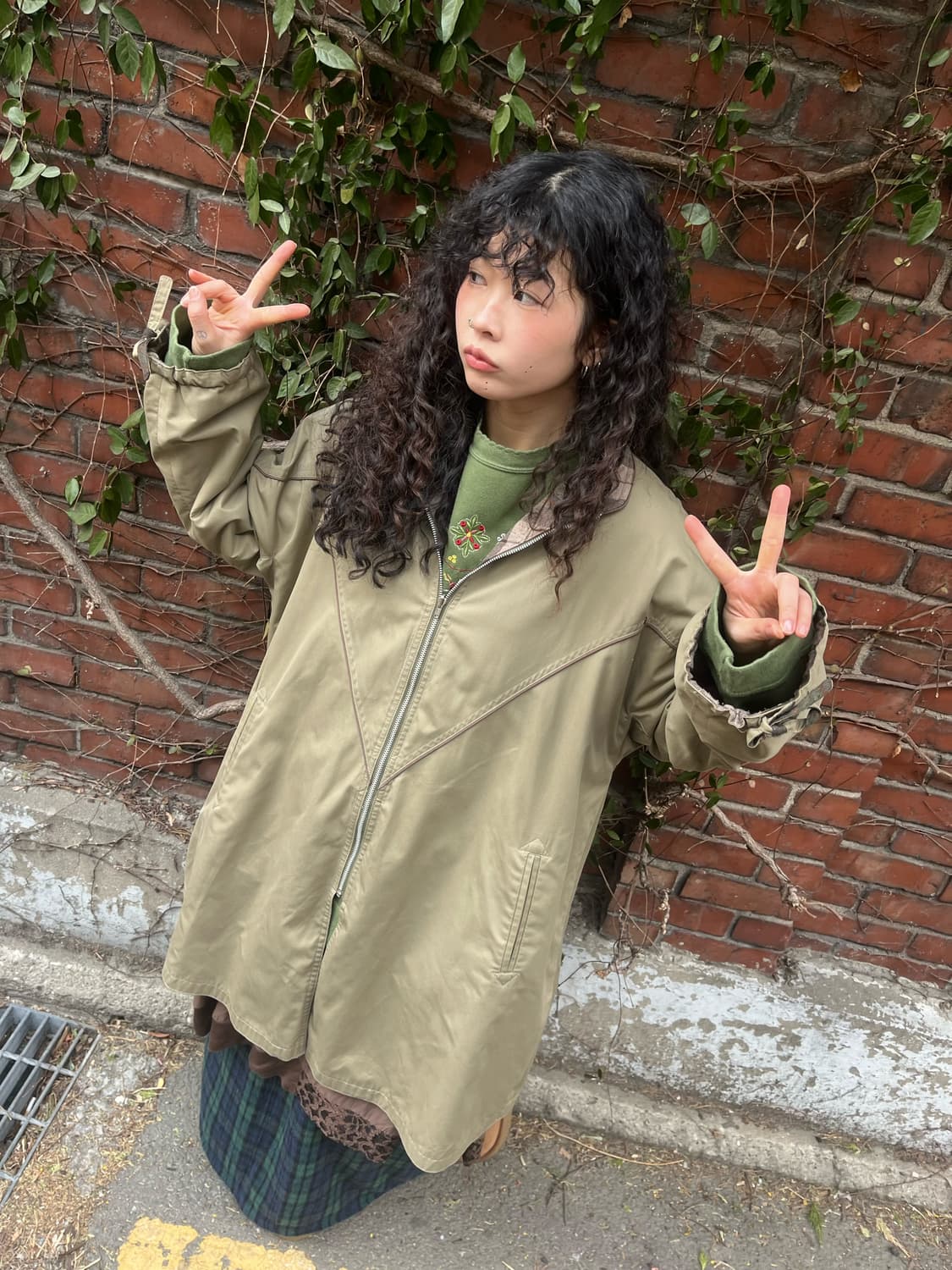 카키&그린 체크 패턴 양면 롱 재킷 상품이미지2