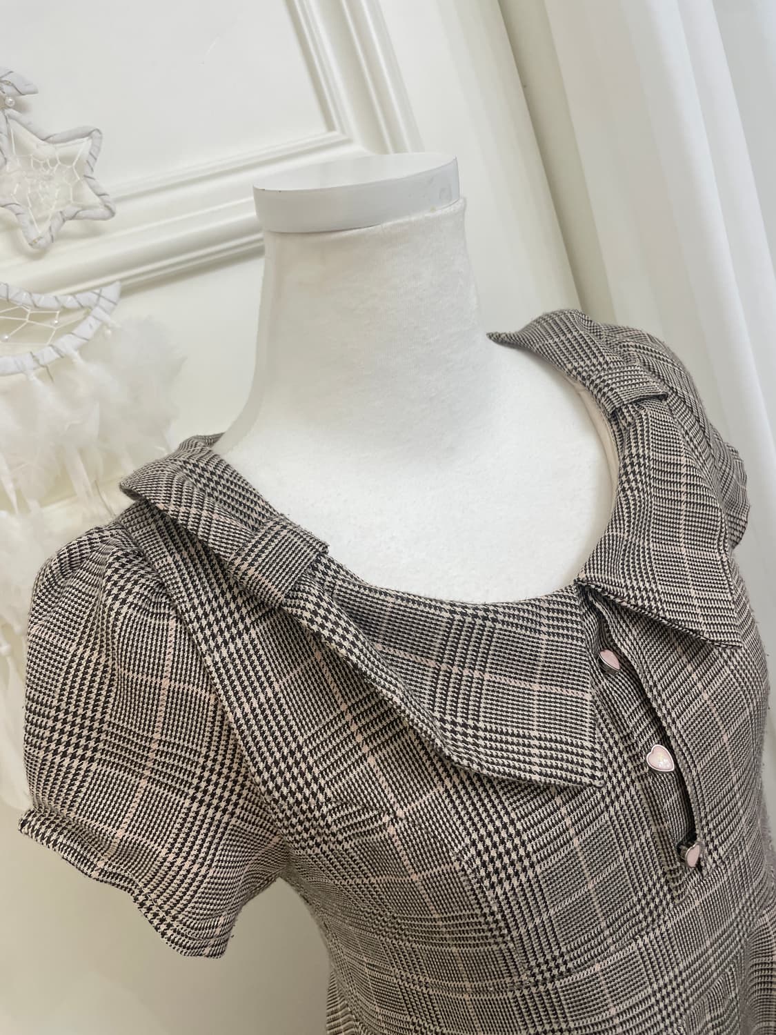 brown check bow collar pink heart button 상품이미지7