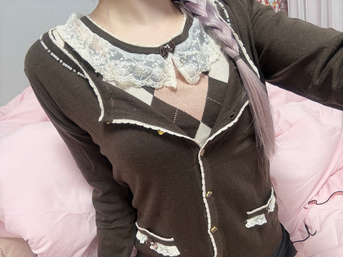 빈티지 니트 가디건 아가일 프릴 리본 진주 큐빅 세트 셋업 일브 하치룩 상품이미지2