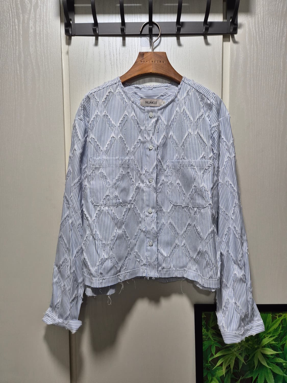 빈티지 봄여름 하늘색 스트라이프 프린지 숏 자켓 상품이미지1