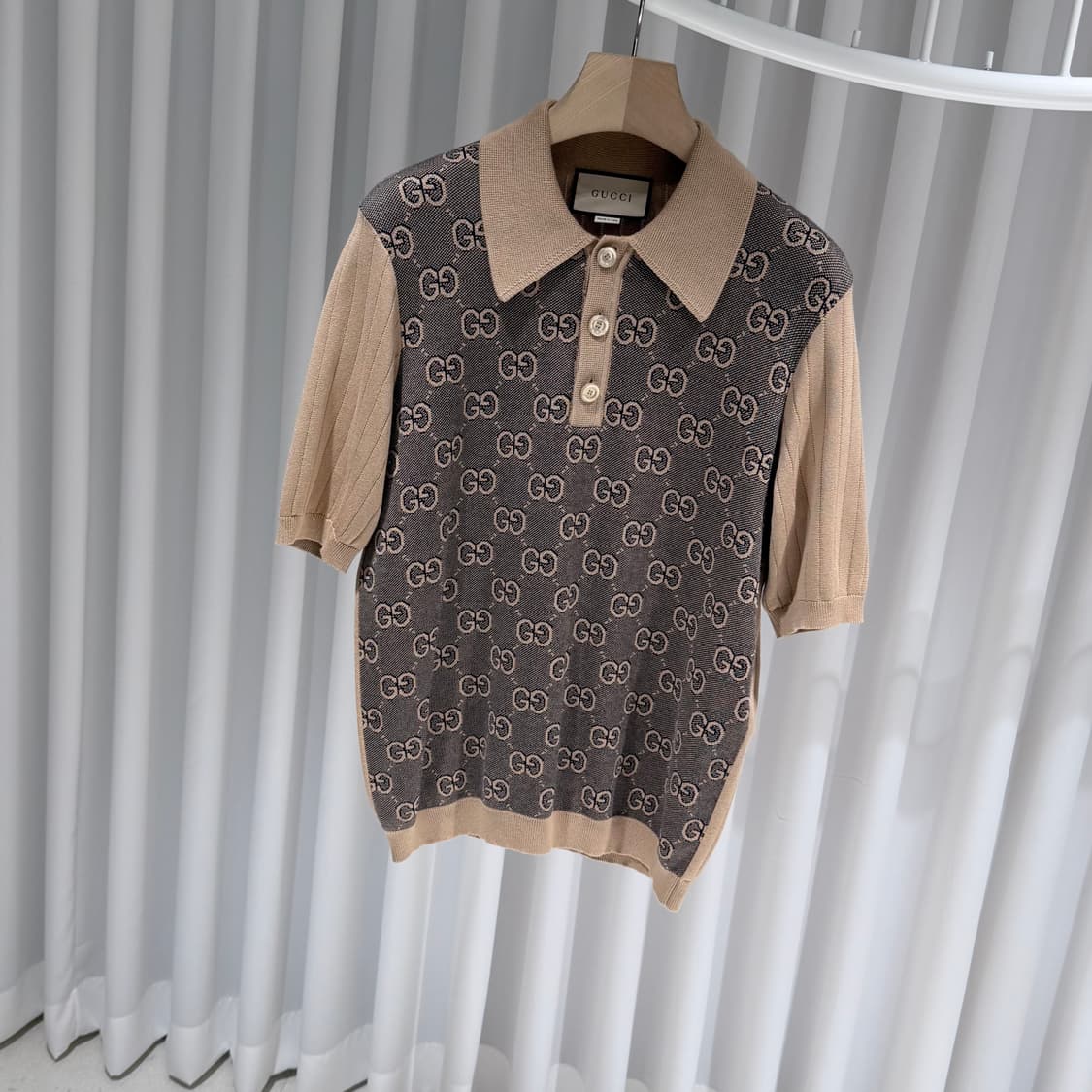(S/M) / 구찌 라메 GG 자카드 니트 폴로 반팔 셔츠 브라운 상품이미지2