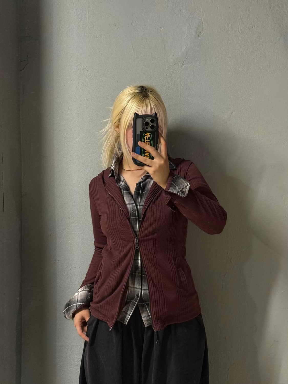 check shirt layered ribbed hood zip-up 상품이미지1