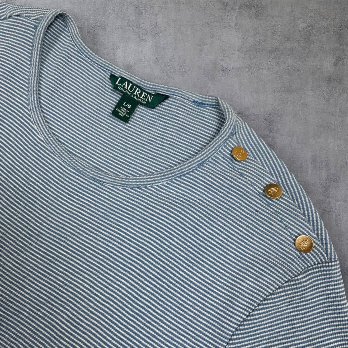 로렌 랄프로렌 스카이블루 스트라이프 골드버튼 반팔 티셔츠 L 상품이미지3