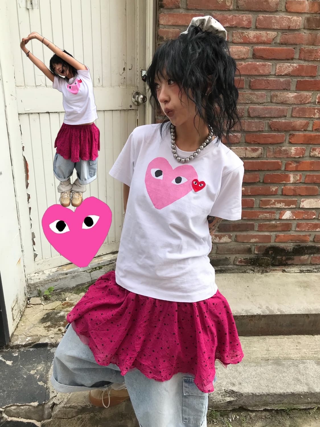 꼼데가르송 더블하트 핑크&레드 반팔 티셔츠 상품이미지1