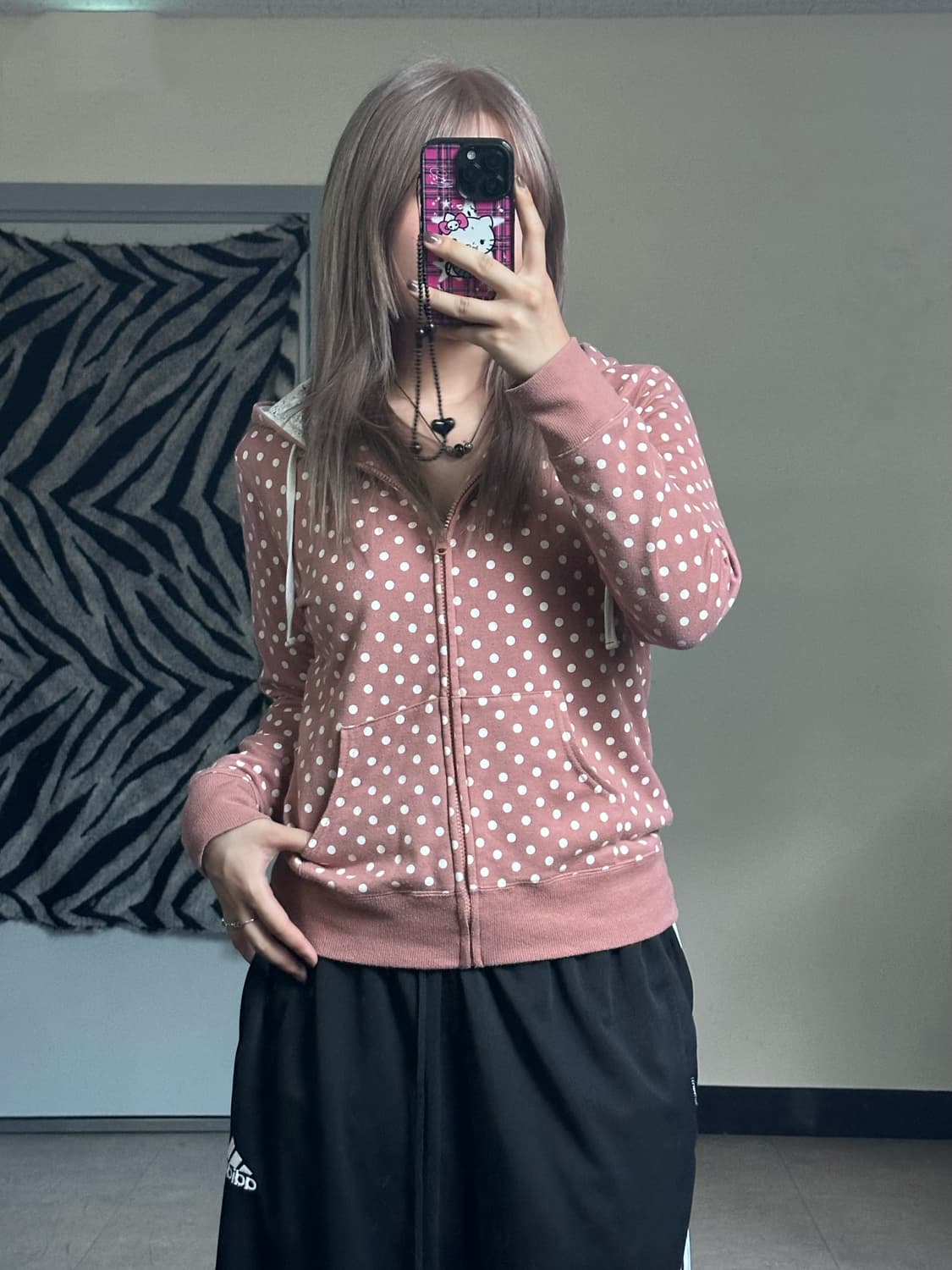 dot pattern lace hood zip-up 상품이미지1