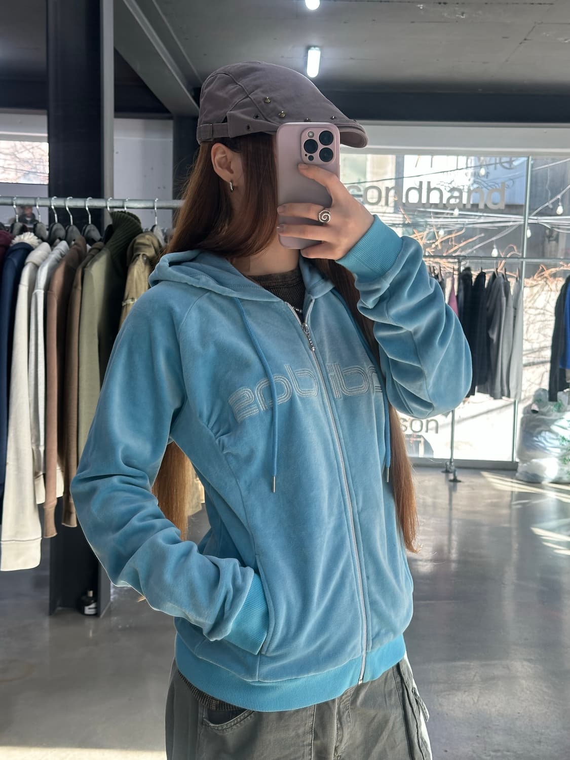 아디다스 블루 벨루어 셔링 후드집업 상품이미지3