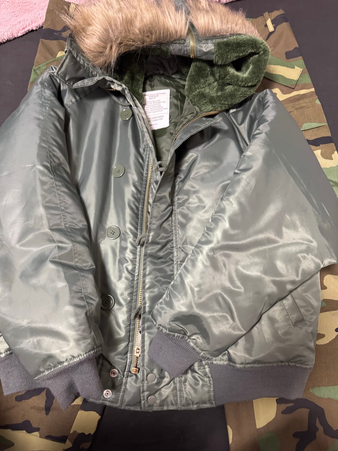 2회착용 밀리터리 N2B 플라이트 패딩 자켓 세이지그린 S 실사이즈105 상품이미지1