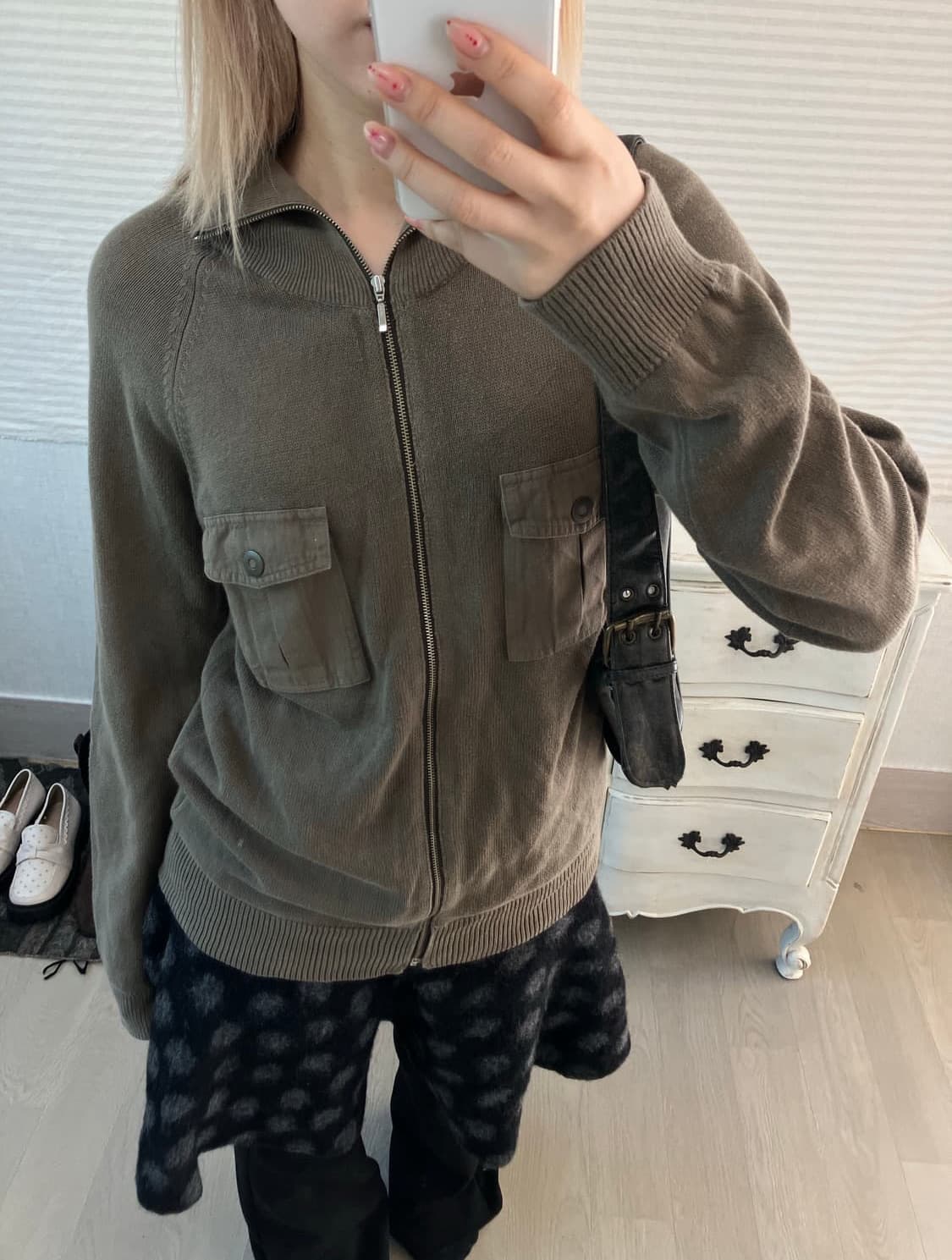 jpn vintage y2K 카키 포켓 니트 집업 상품이미지2