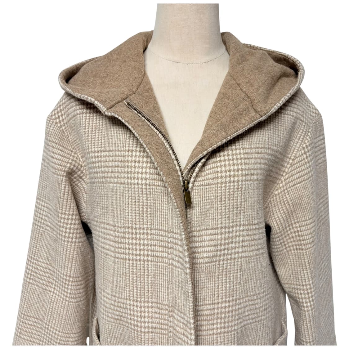 3678 브라운 체크 모직 후드롱코트 상품이미지2