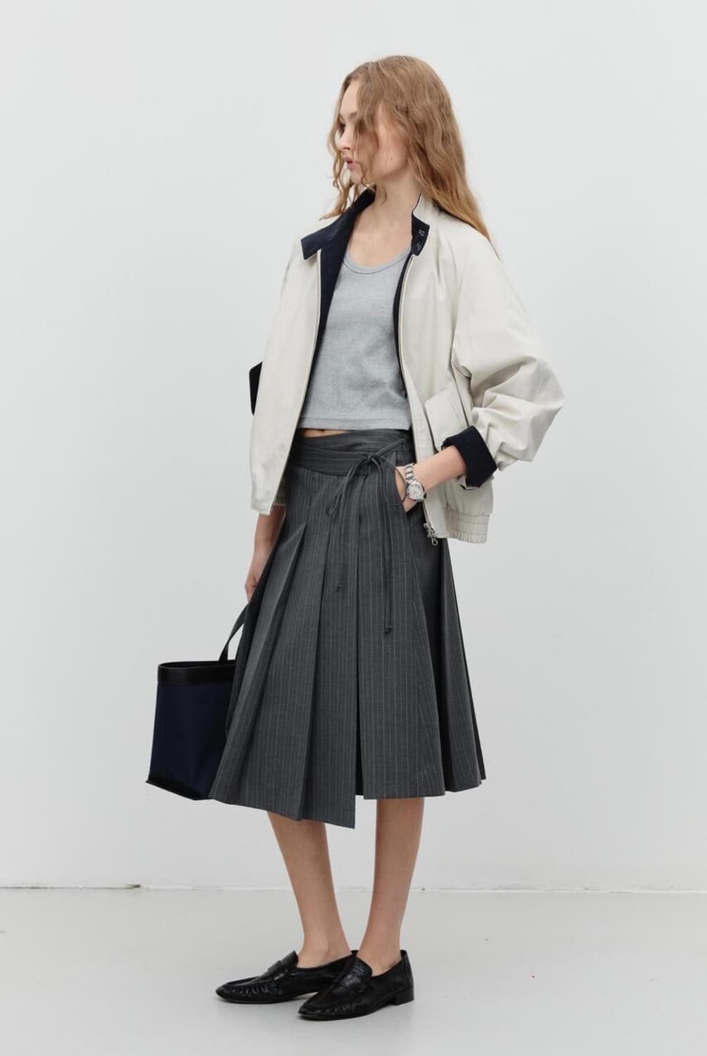 던스트 리본 와이드 플리츠 스커트 스트라이프 상품이미지1