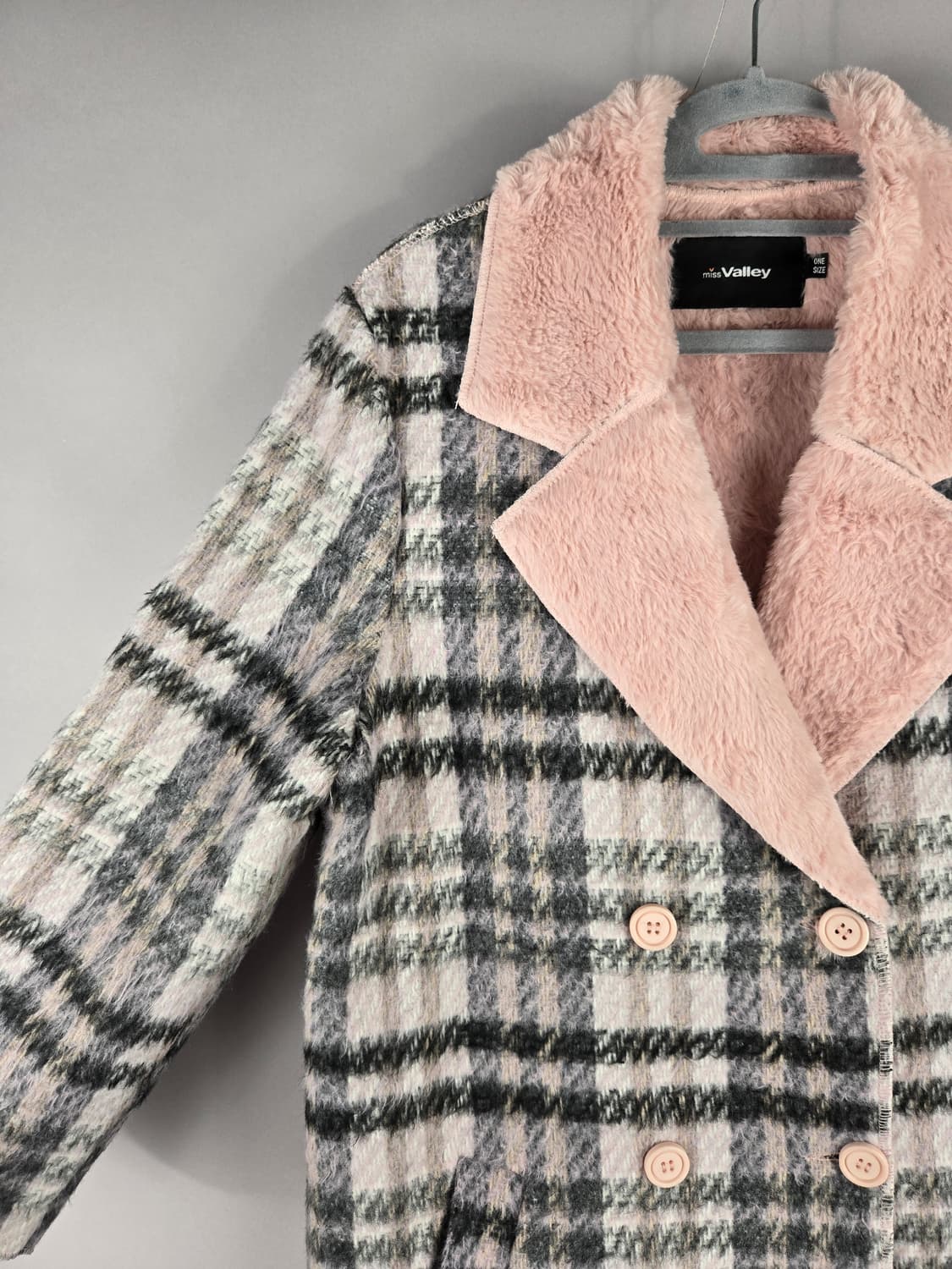 [무료배송]미스밸리걸 F 여성 페이크퍼 안감 체크 더블 롱 코트 핑크 상품이미지4