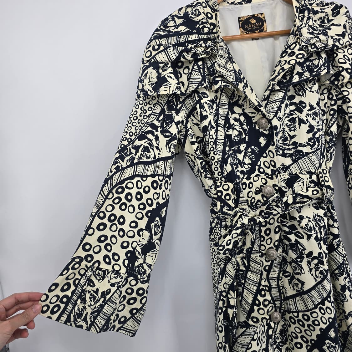 SARAH COLLECTION 패턴 벨트 원피스 프릴 카라 빈티지 여성 상품이미지3