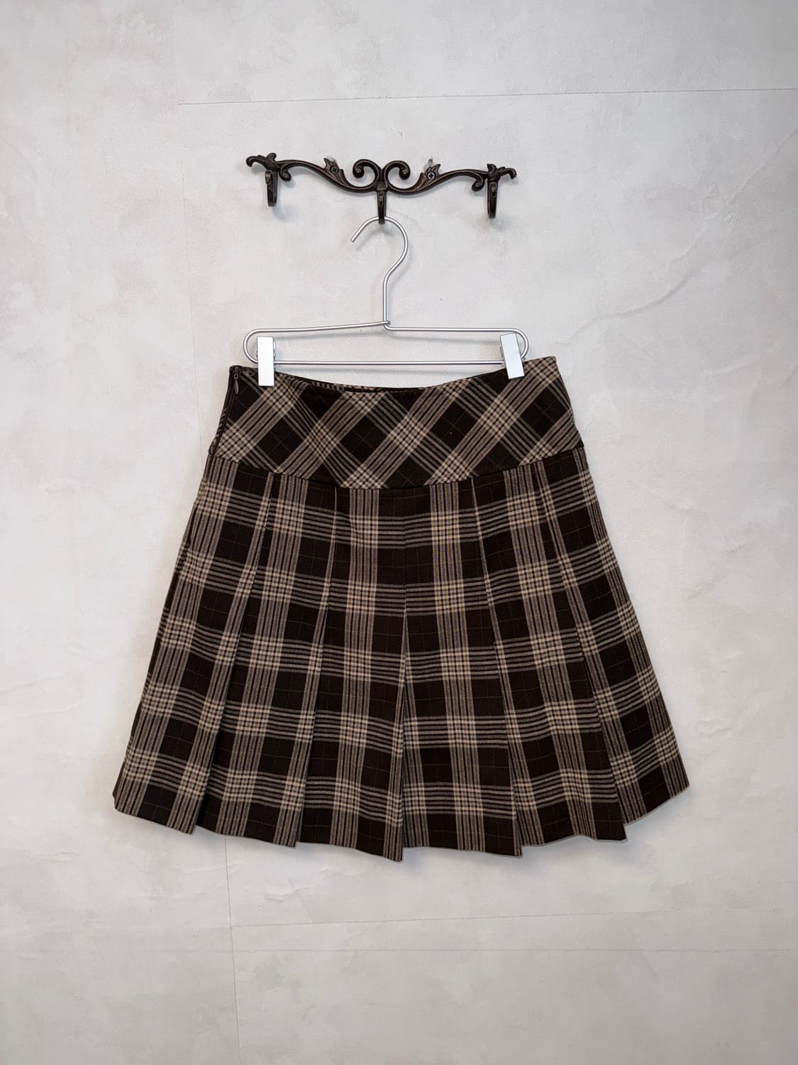 Dark brown check wool pleats midi skirt 상품이미지3
