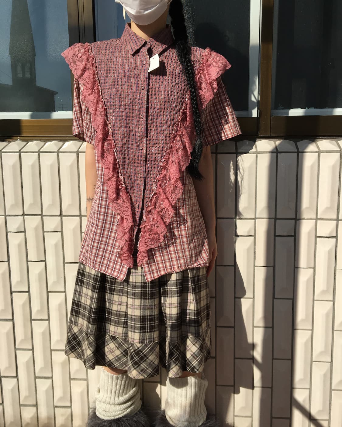 Lace trimming checks pattern shirt 상품이미지1