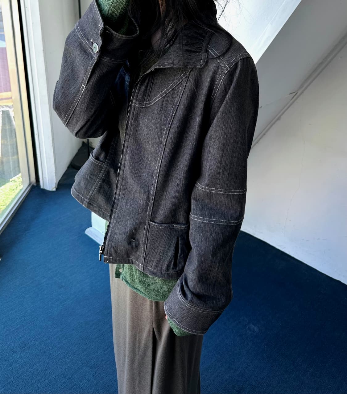 Cotton poly denim zip design jacket 상품이미지3