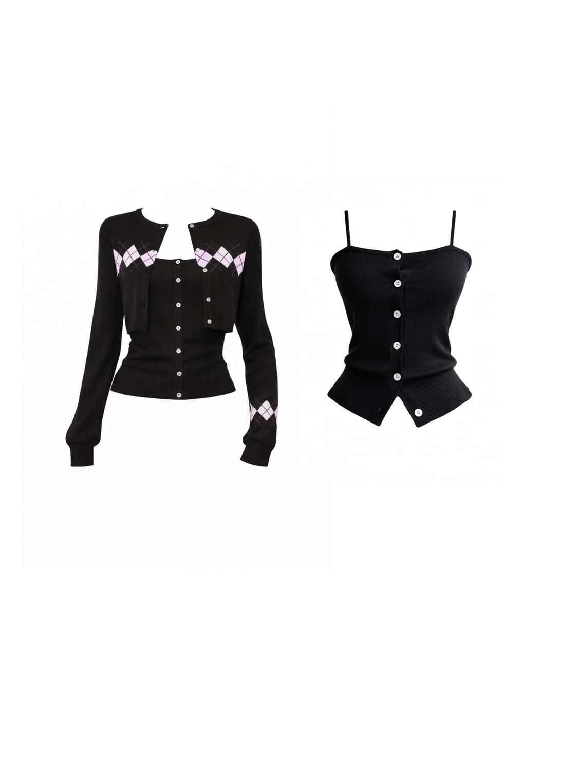 아가일 크롭 니트 가디건 투피스세트 (블랙) 상품이미지1