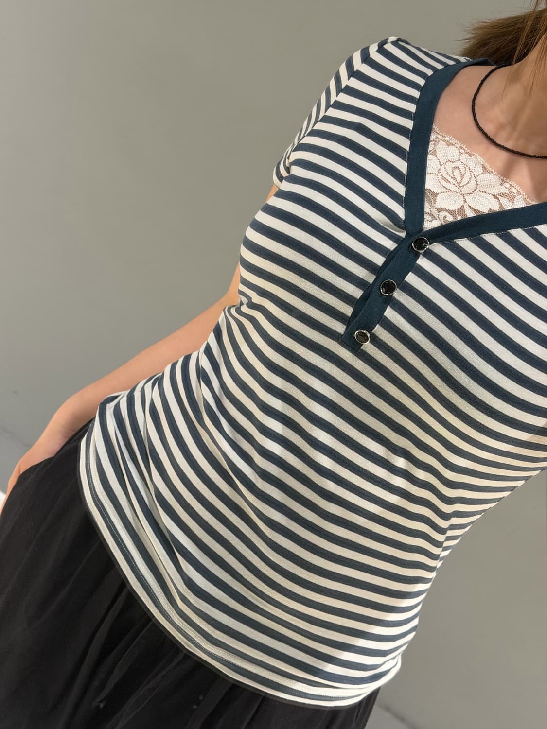 lace layered button-up stripe top 상품이미지4