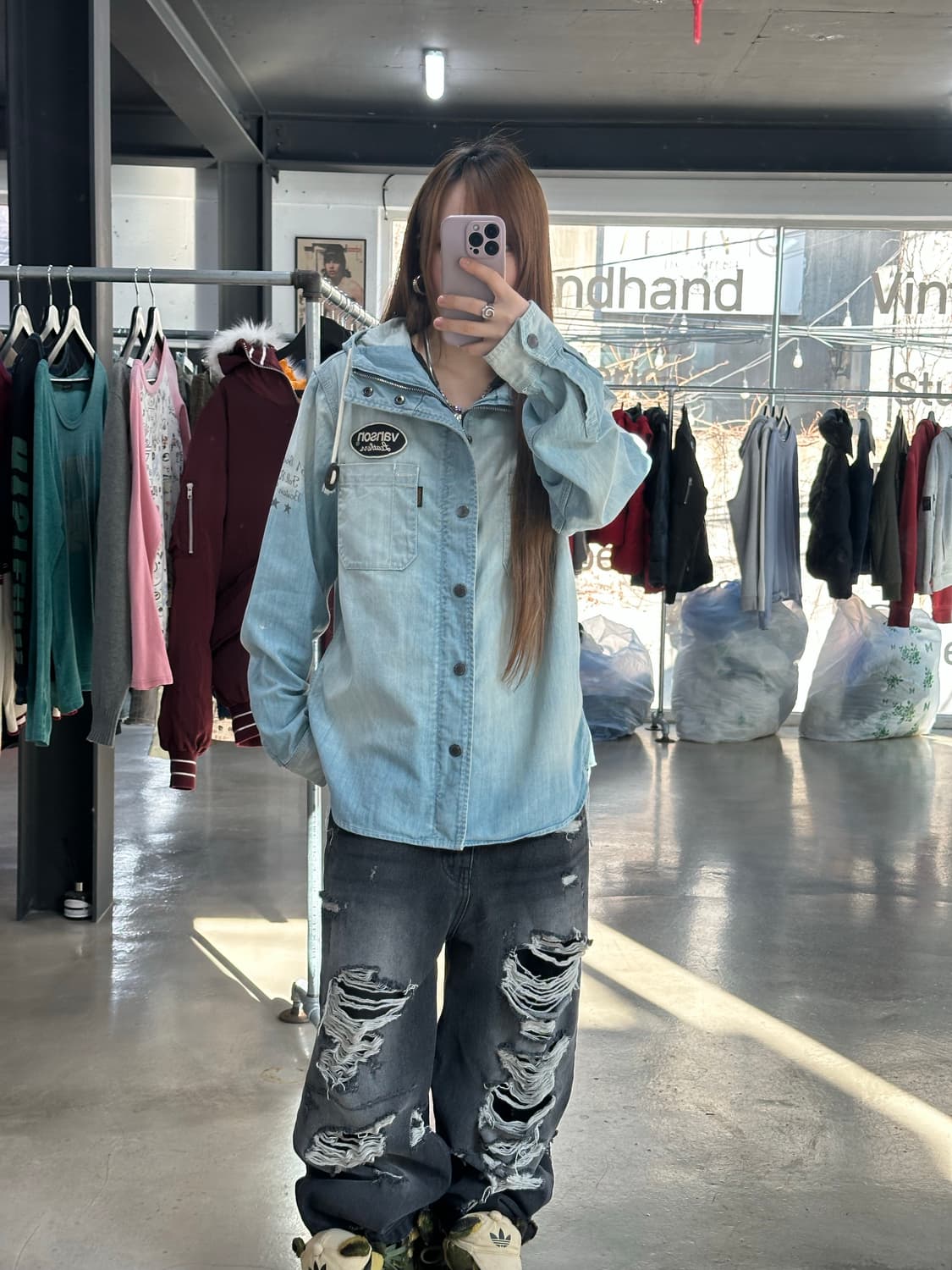 벤슨 스타 워시드레터링 하이넥 데님후드자켓 상품이미지5