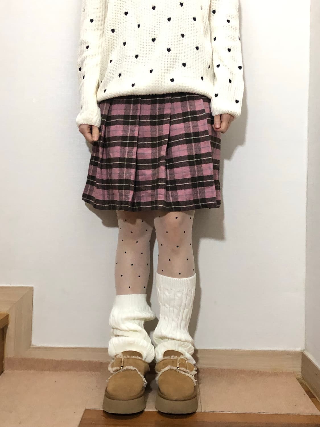 빈티지 핑크 브라운 체크 패턴 스커트 상품이미지1