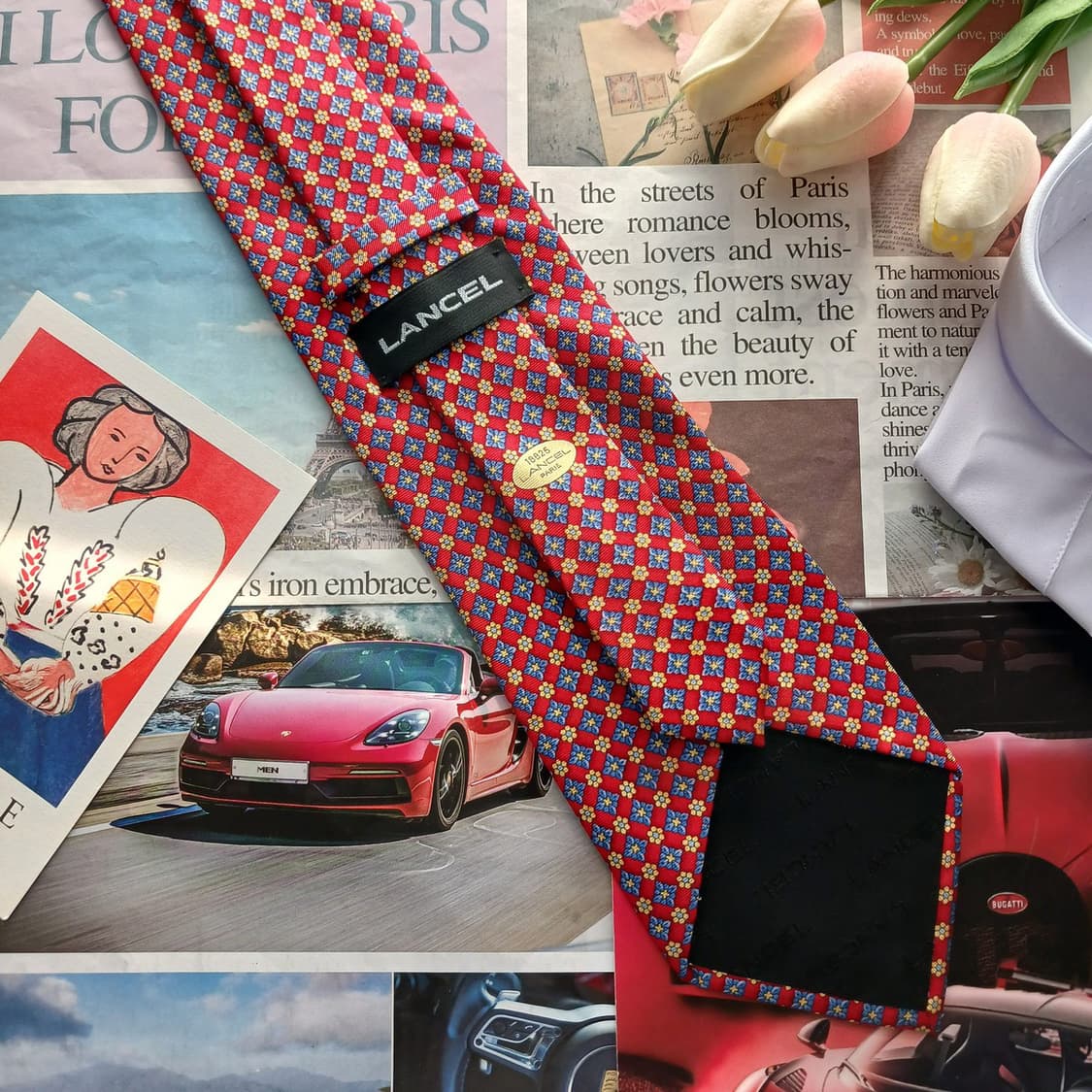 란셀 실크 레드 플라워 기하 패턴 넥타이 9.5cm A+등급 A18741 상품이미지4