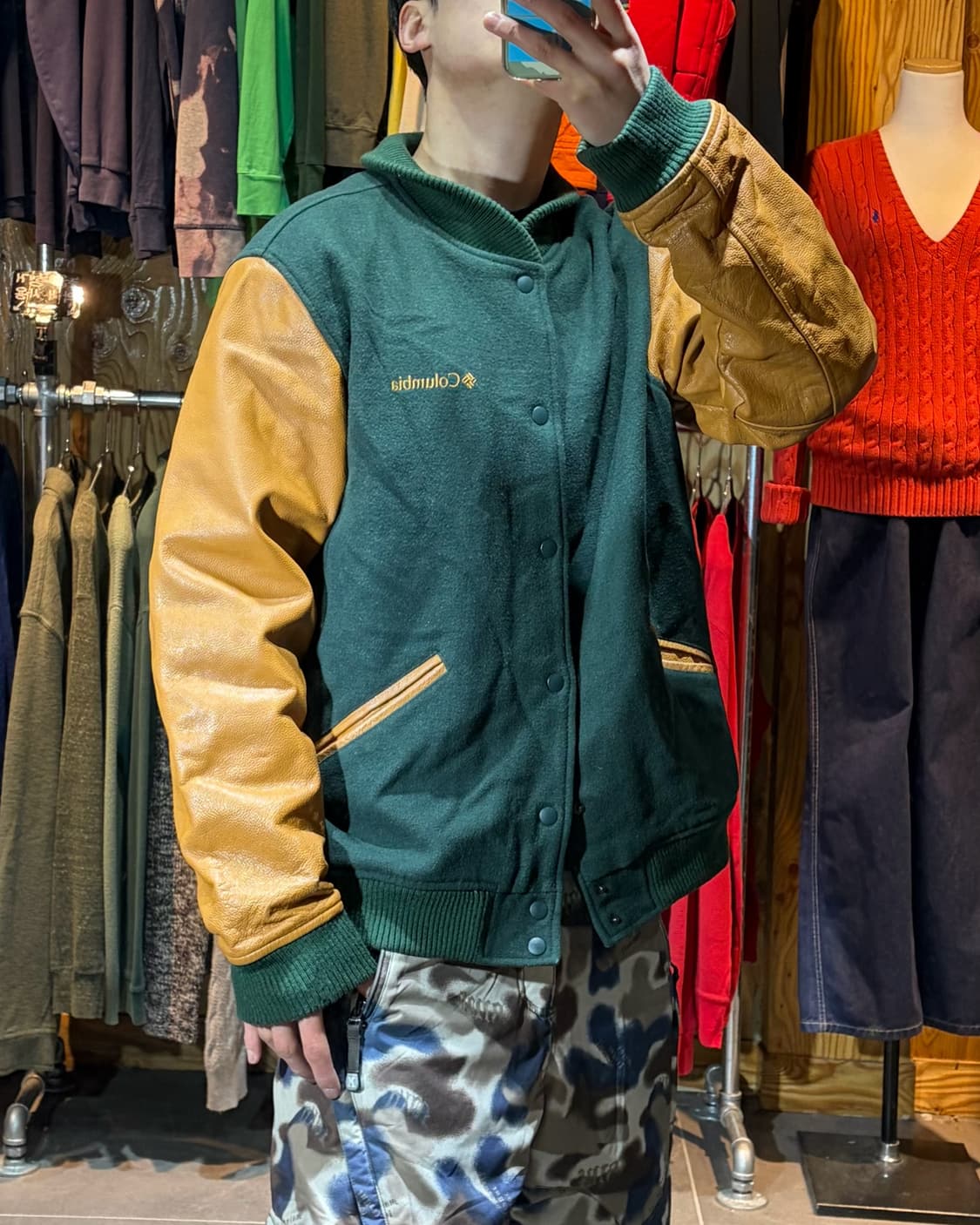 XL 콜롬비아 스펠링로고 빈티지 카멜/그린 바시티 상품이미지1