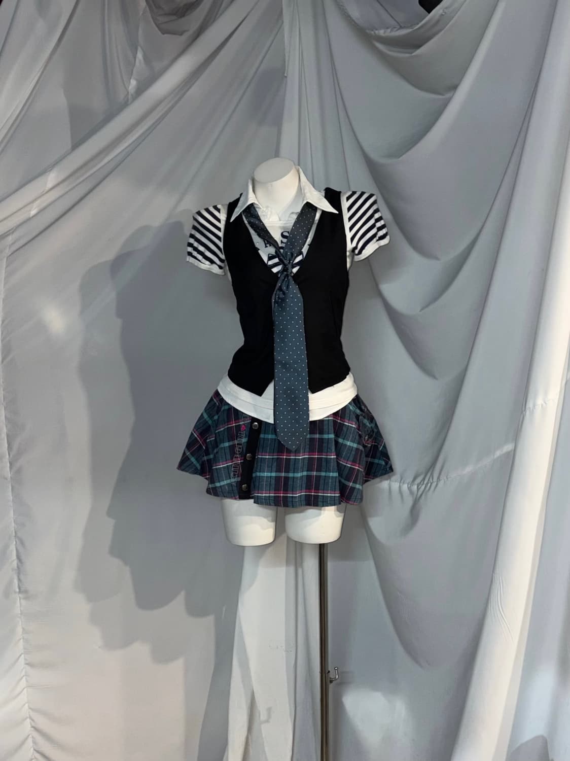 블루체크 도트  니혼진 스쿨 프레피 코디세트  상품이미지10