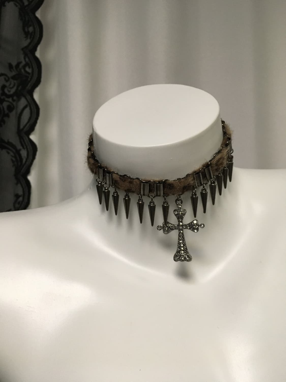 Vintage 핀터레스트 나나 펑크 레오파드 호피 퍼 십자가 목걸이 초커 상품이미지1