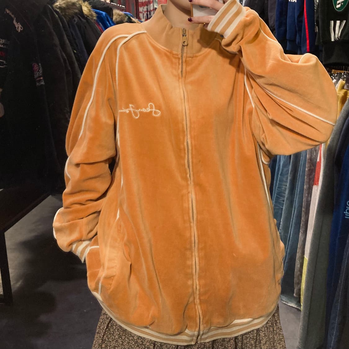 [IM]션존 벨벳 집업 자켓 오렌지 상품이미지1