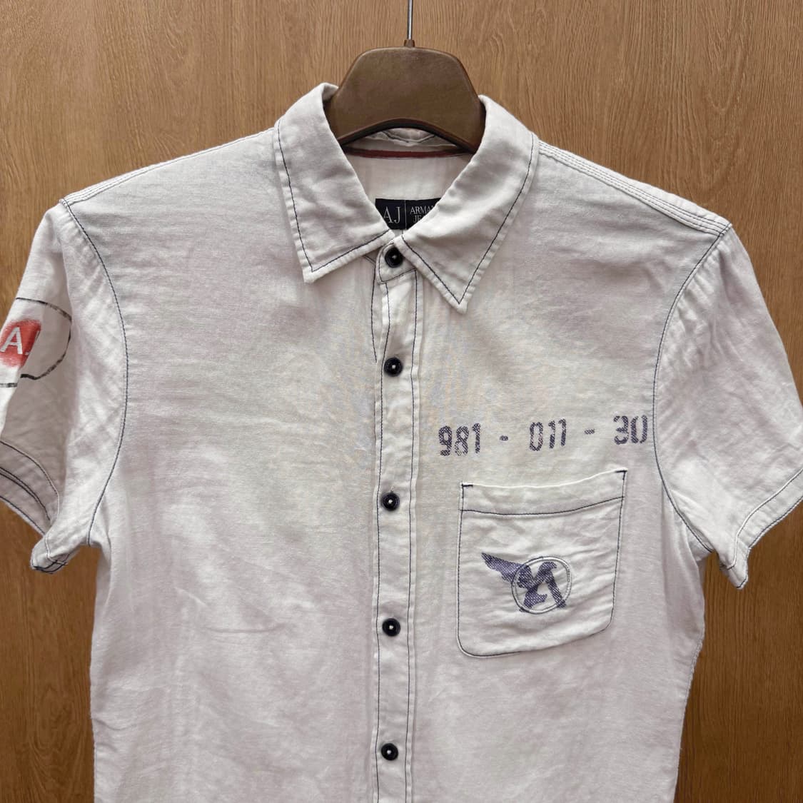 아르마니 진스 AJ반팔 셔츠 워싱 코튼 포켓 로고 프린팅 아이보리 상품이미지4