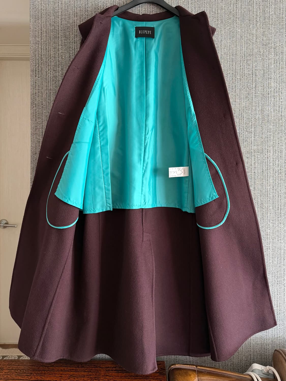 블루페페 핸드메이드 울 캐시미어 롱코트 버건디 민트 클래식 카라 A라인 상품이미지4