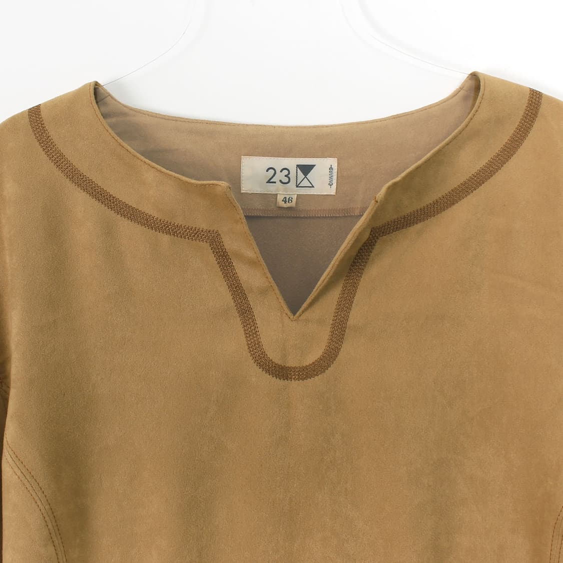 일본 빈티지 에스닉 스웨이드 베이지 라운드 넥 자수 블라우스 상품이미지2