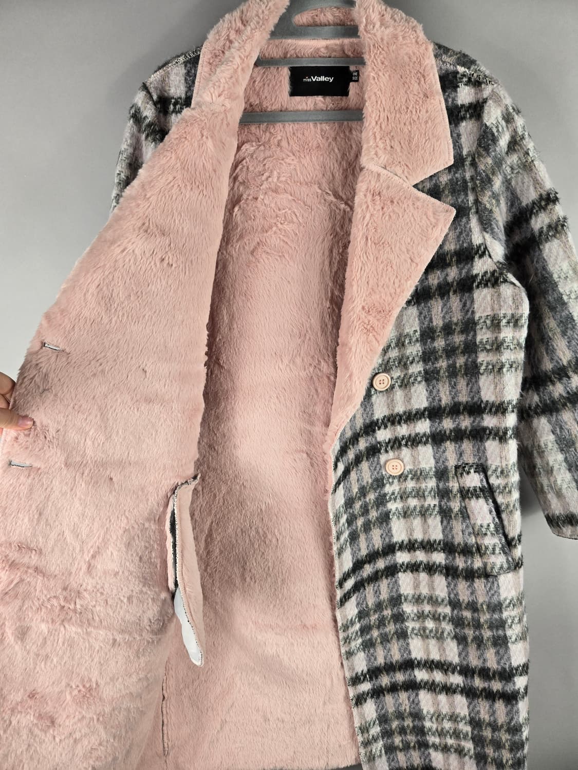 [무료배송]미스밸리걸 F 여성 페이크퍼 안감 체크 더블 롱 코트 핑크 상품이미지8