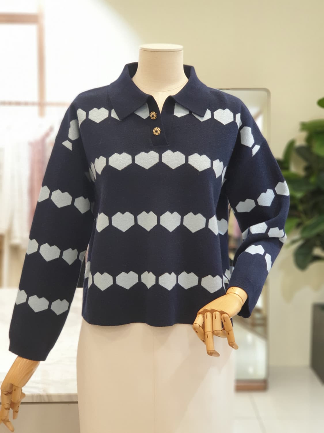 급처상태좋음!Reneevon레니본 하트 긴팔 카라 니트 스웨터 프리사이즈 상품이미지1