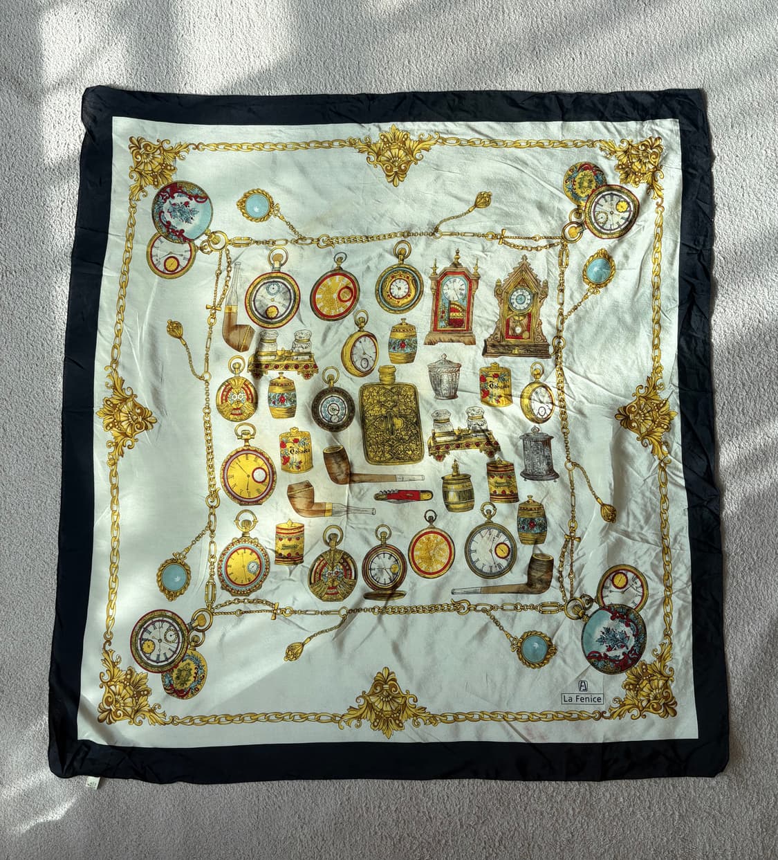 빈티지 La Fenice 회중시계 패턴 실크 스카프 상품이미지1