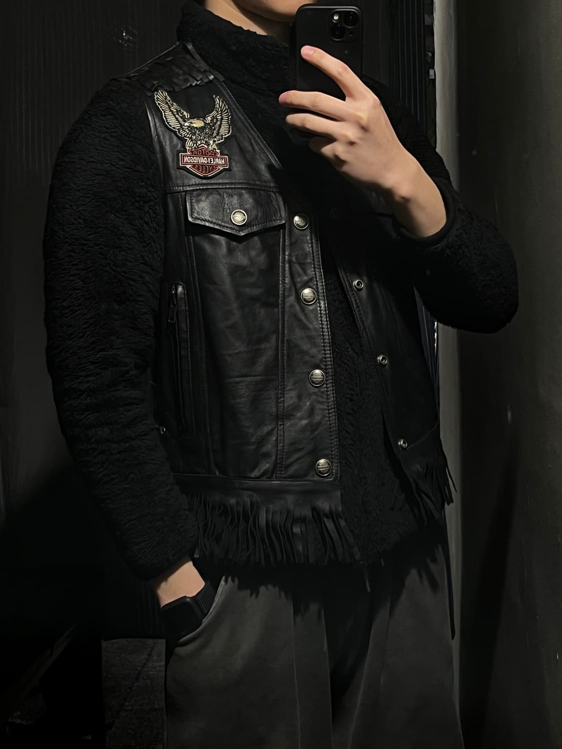 빈티지 블랙 할리데이비슨 멀티패치 소가죽 카우레더 라이더자켓 레더조끼 상품이미지2