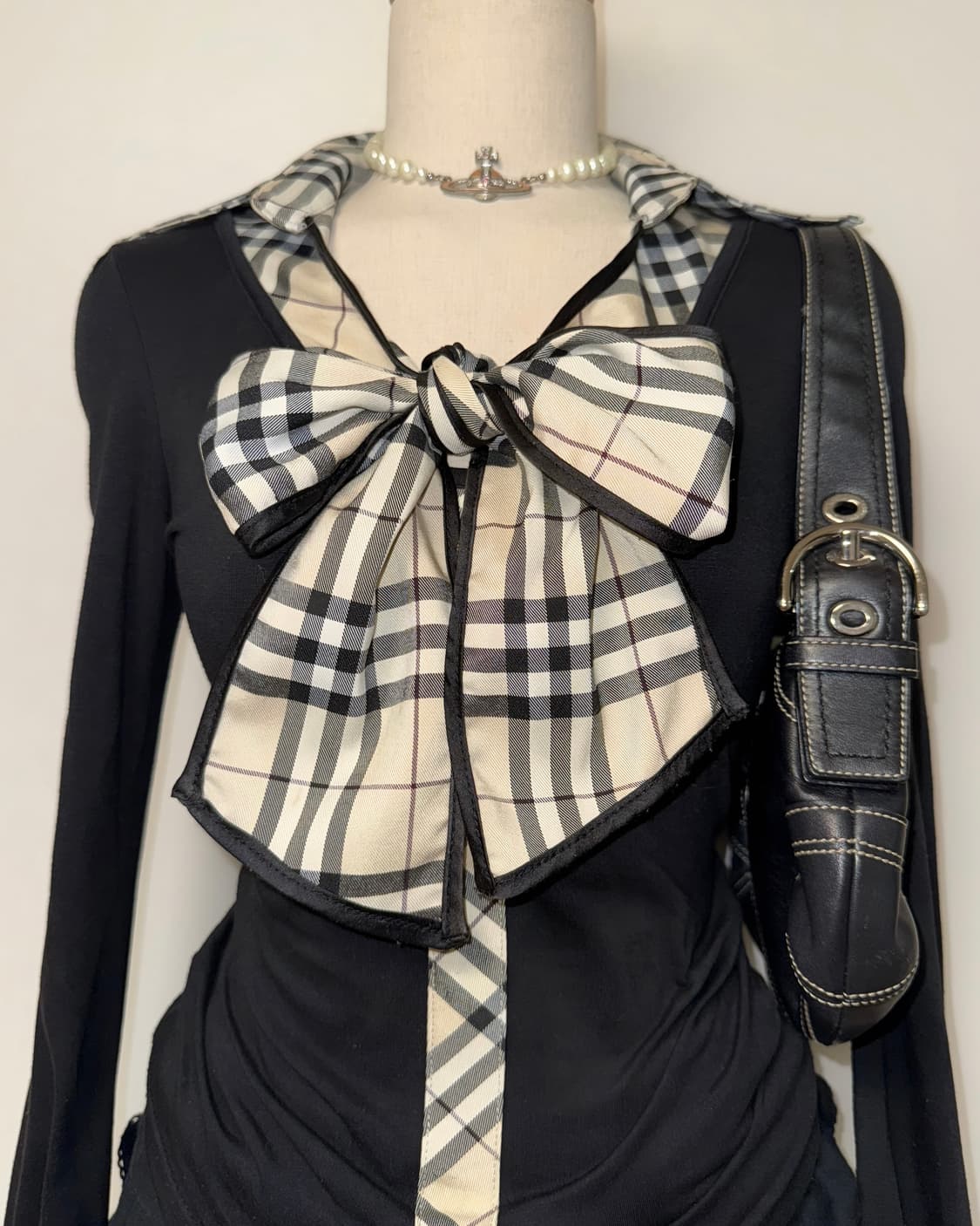 *레어* 핑크믹스 갸루 리본 체크 롱슬리브 상품이미지3