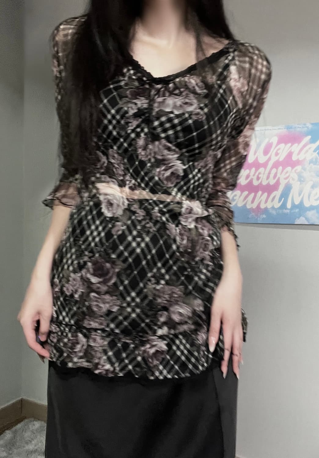 블랙 엔틱 고딕 로즈 장미 프릴 레이스 셔링 쉬폰 레이어드 블라우스 상품이미지6