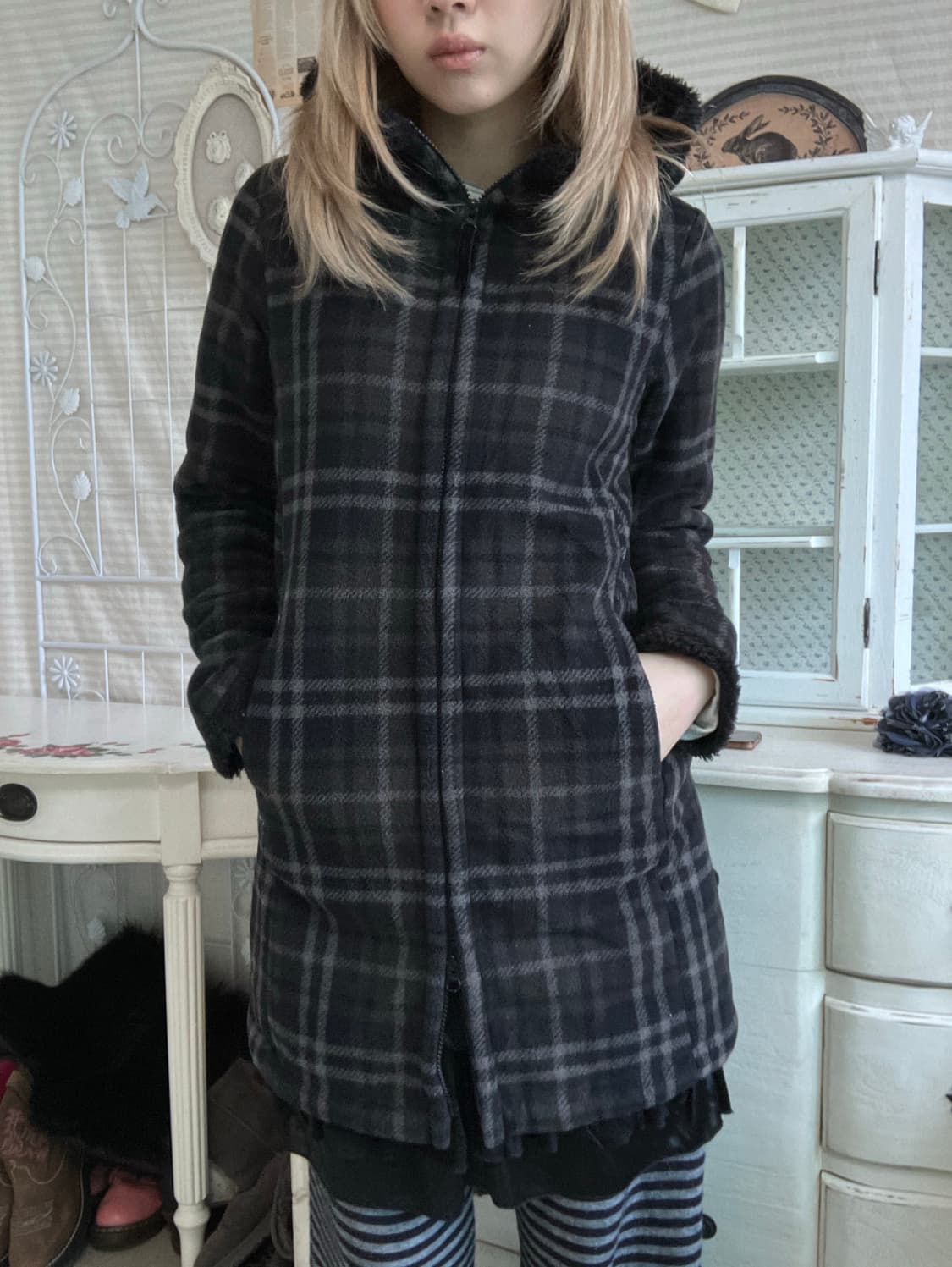 일본빈티지 카키 타탄 체크 후드 무스탕 집업 상품이미지1