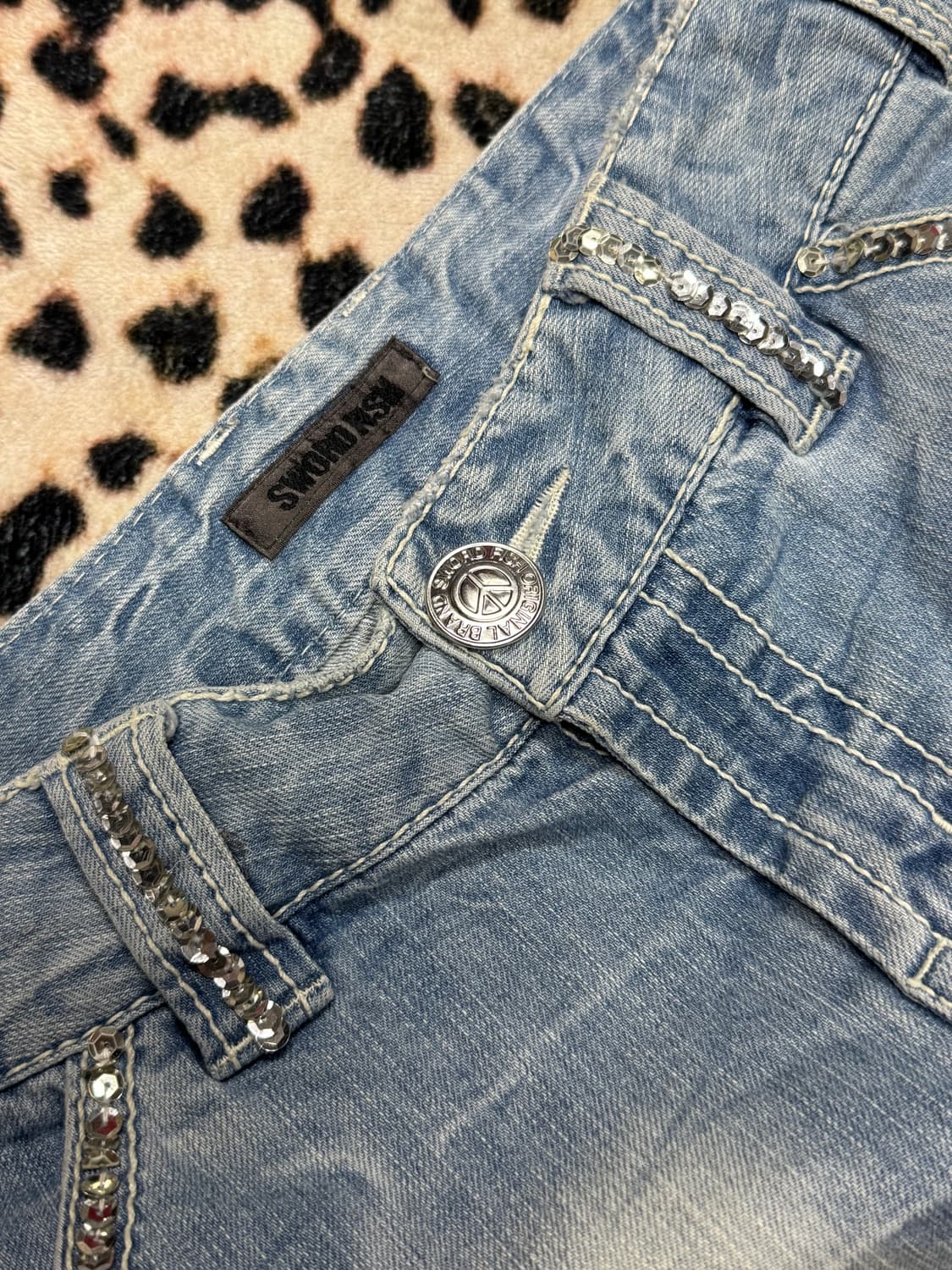 갸루 피스마크 스팽글 화이트워싱 데님스커트  상품이미지4