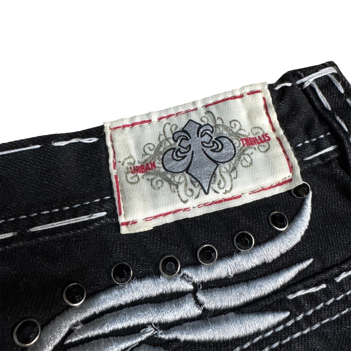 Y2K 락 펑크 윙 트루맛 자수 새깅 흑청 데님팬츠 상품이미지5