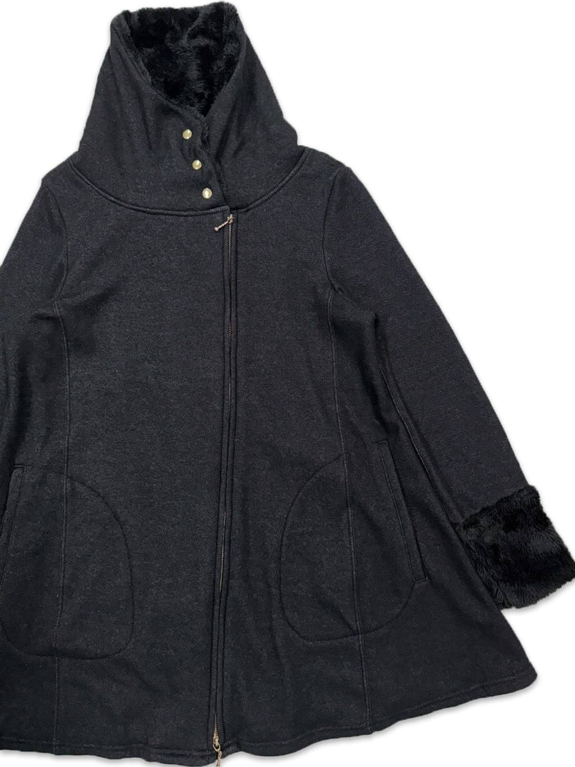 빈티지 블랙 안기모 사선 지퍼 플레어 롱 스웨트 자켓 상품이미지3