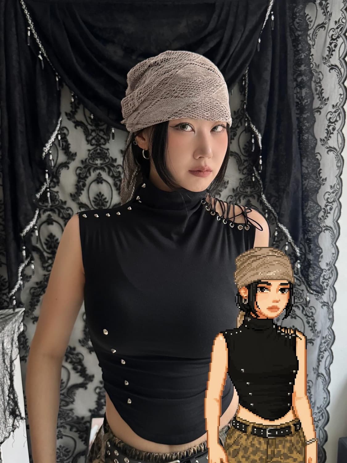 스터드 터틀넥 코르셋 아일렛 셔링 나시 상품이미지5