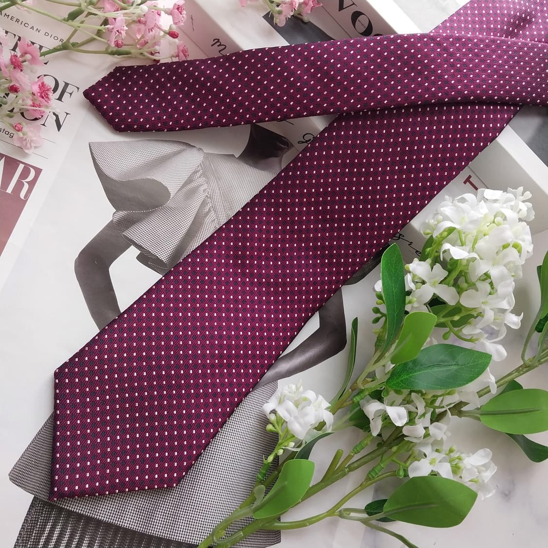 지오지아 실크 와인 도트 패턴 넥타이 8cm A+등급 K2286 상품이미지4