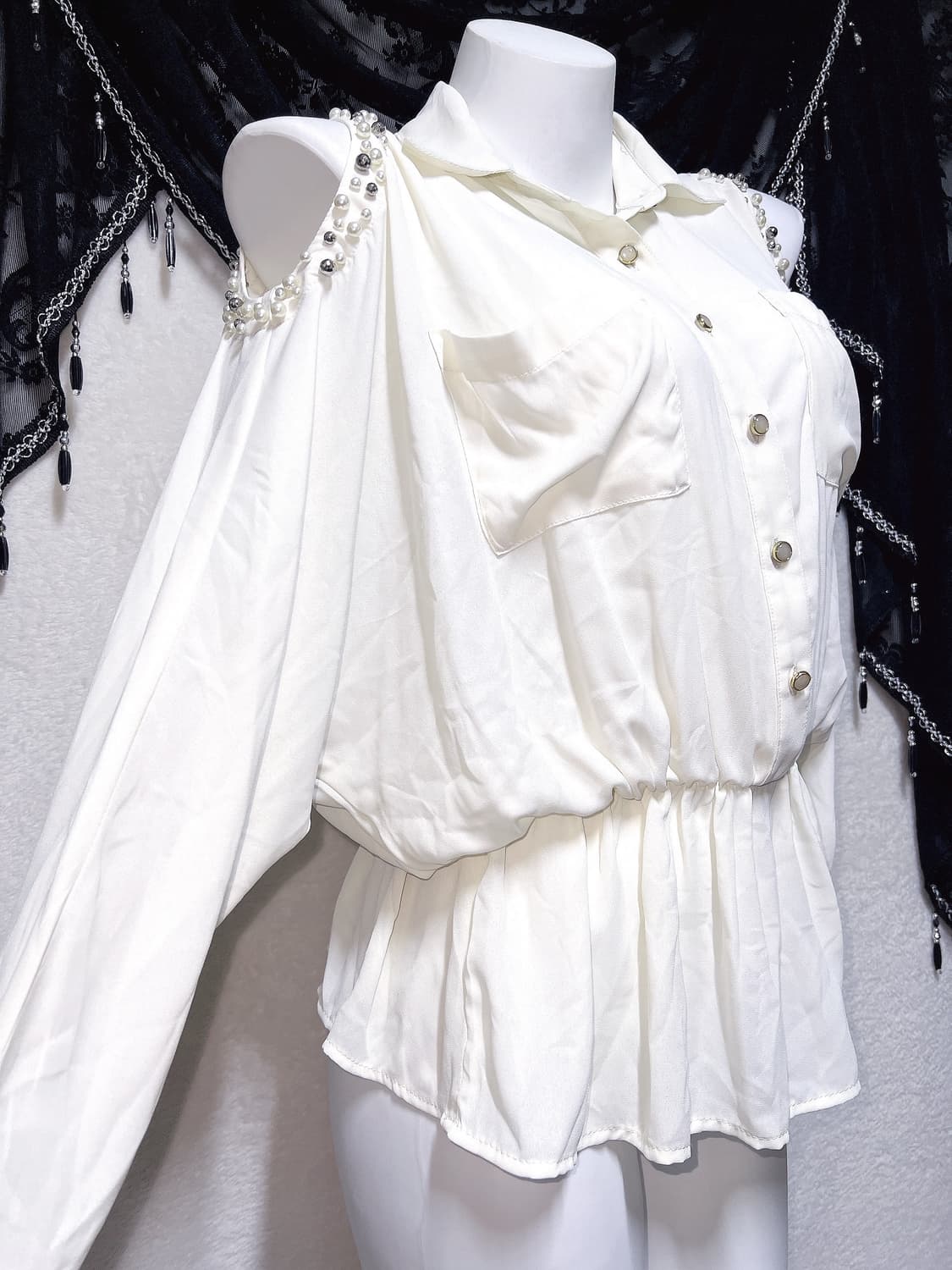 잉그니 진주 숄더트임 쉬폰블라우스 셔츠 튜닉 로맨틱갸루 히메 로걀탑 핀터 상품이미지3