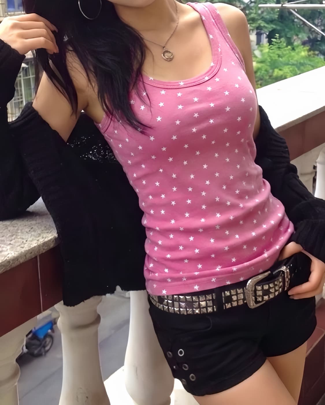 Y2k 갸루 핀터 깔 핑크 별 패턴 슬리브리스 상품이미지1