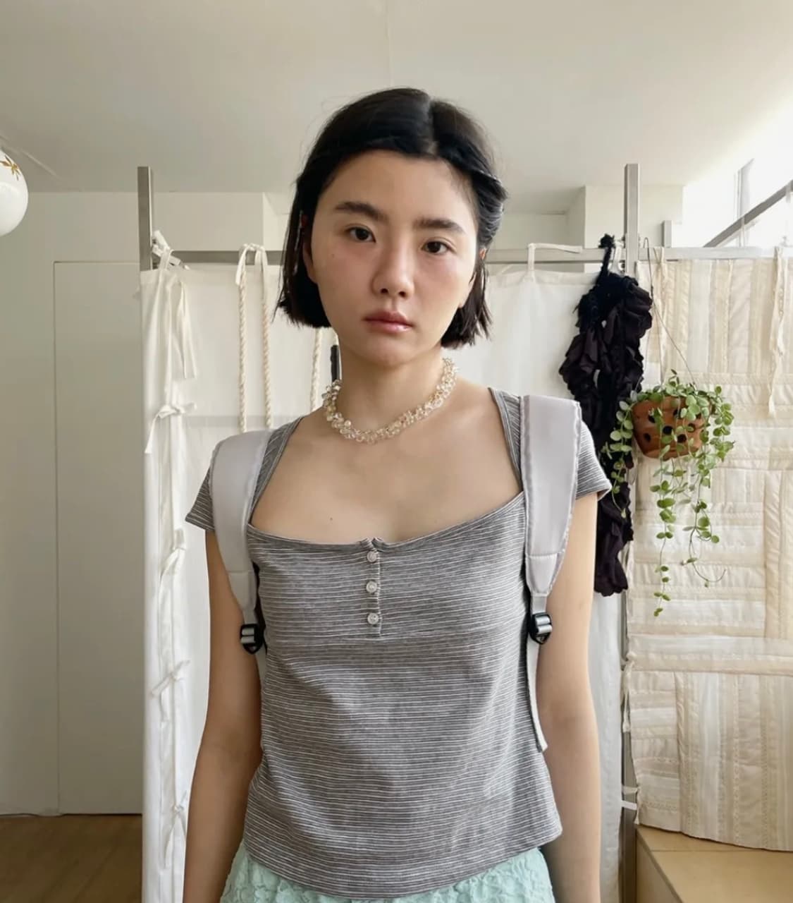 콜로신스 Button Leaf Square T-shirt 스트라이프 상품이미지1