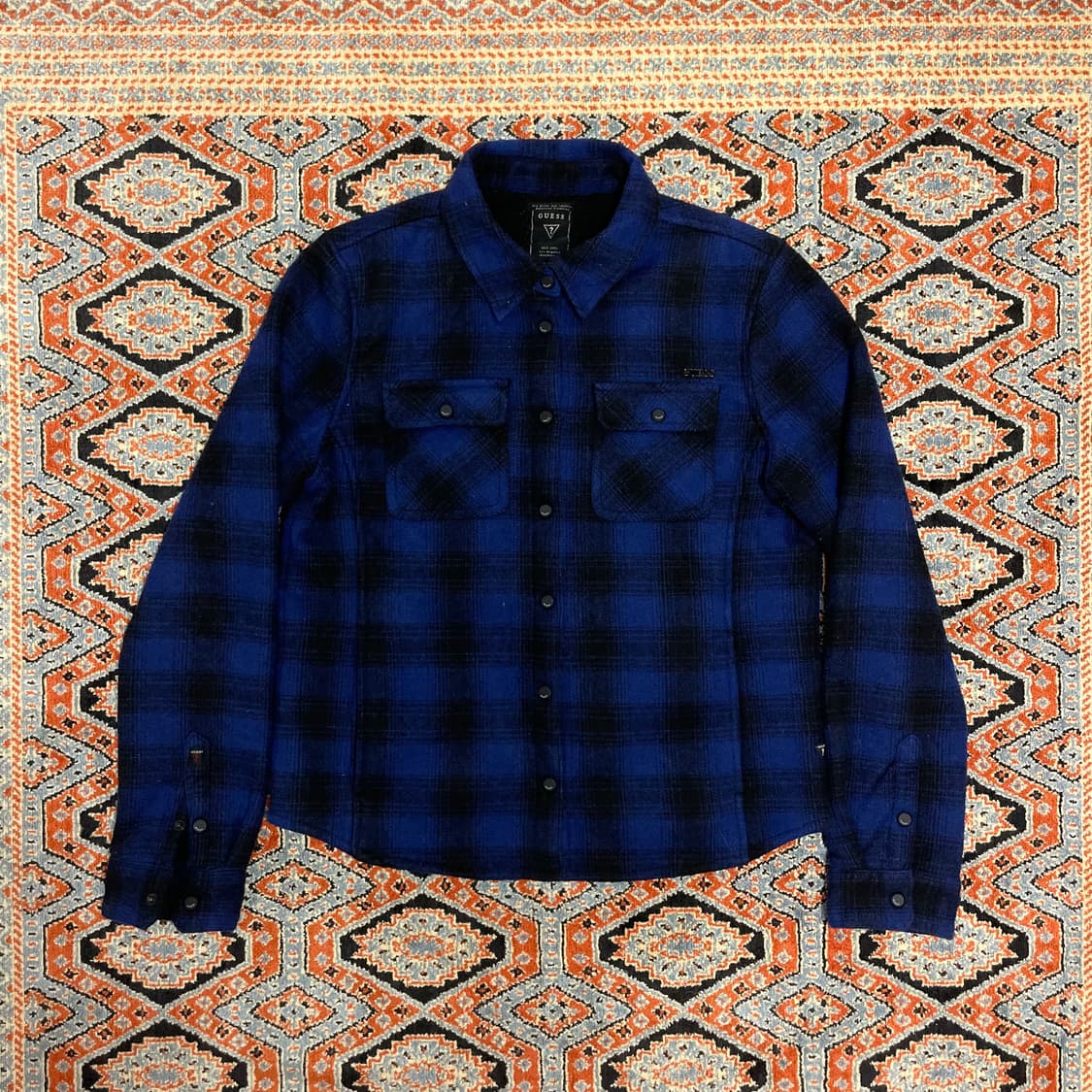 게스 블루 체크 포켓 플리스 셔츠 여성S 상품이미지1